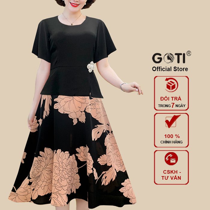 GOTI Đầm trung niên sang trọng cao cấp trẻ trung cho mẹ dáng xoè in hoa bigsize thiết kế 3337