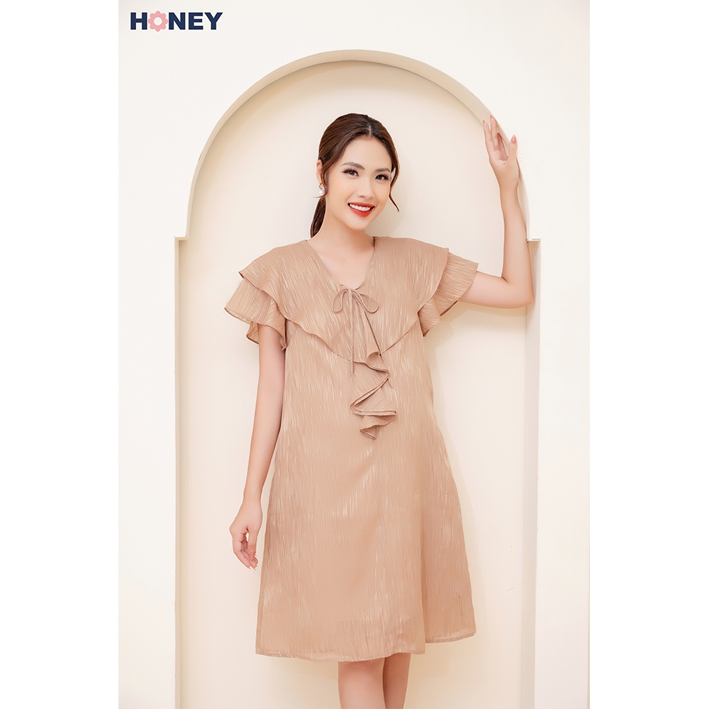 Váy bầu công sở kiểu dáng xuông, cổ bèo, chất tơ gân xước 2 lớp - Thời trang đầm bầu cao cấp HONEY