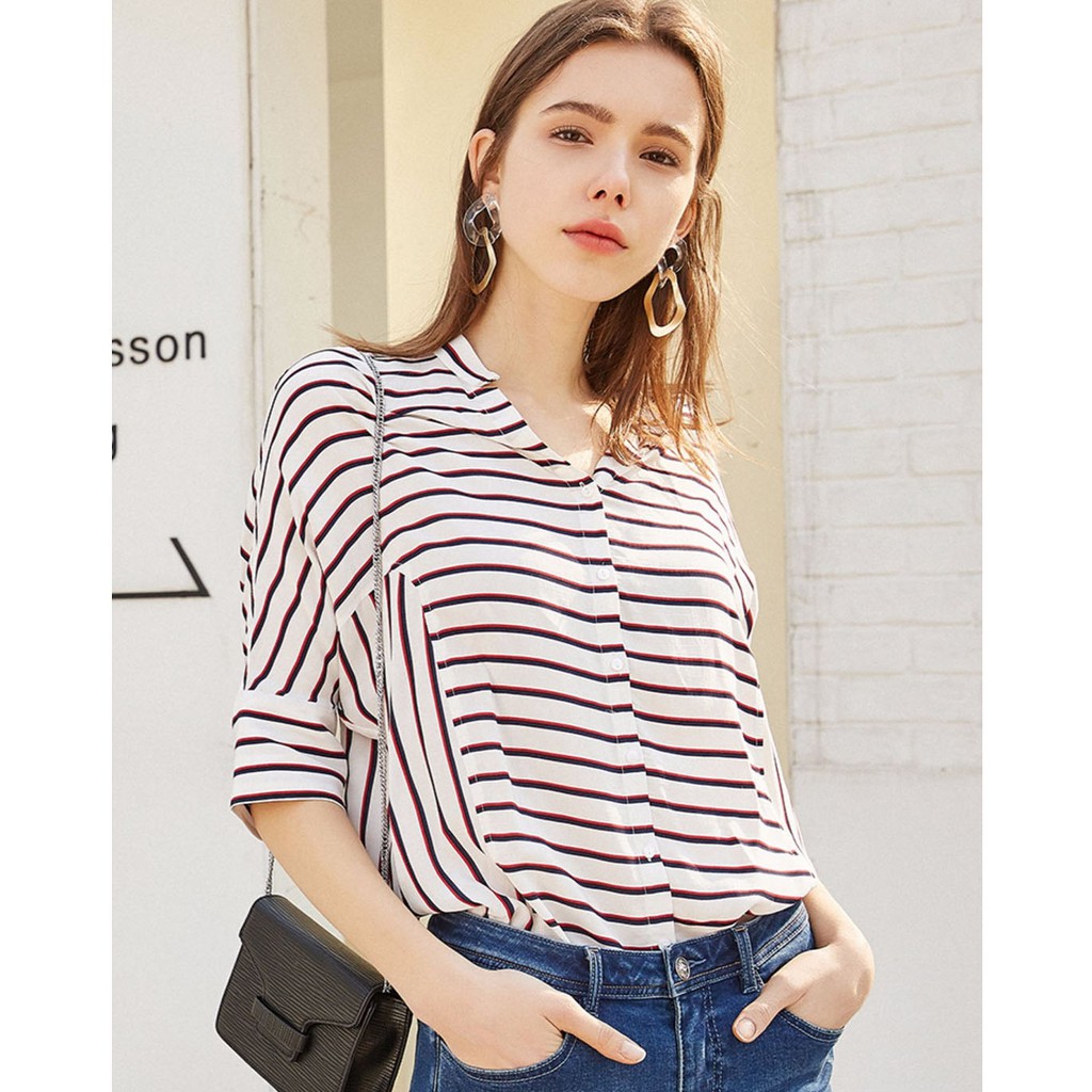 áo sơ mi công sở kẻ ngang form rộng thời trang mùa hè mẫu mới nhất
