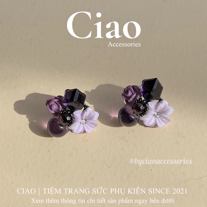 [HOẢ TỐC 1H] Khuyên tai/ Bông tai mạ bạc S925 thiết kế hoạ tiết tím Monalisa Ciao
