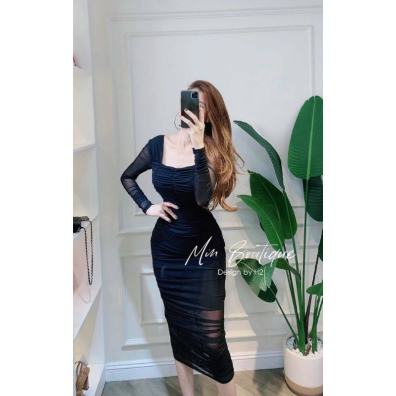 BÁN SỈ VÁY BODY LƯỚI RÚM CỔ VUÔNG 2 MÀU ĐEN NUDE CHO NỮ | BigBuy360 - bigbuy360.vn