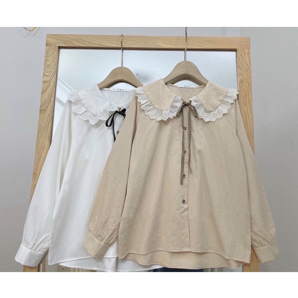 Áo sơ mi kiểu nữ Ulzzang, Áo sơ mi cổ bèo viền ren buộc dây nơ xinh xắn