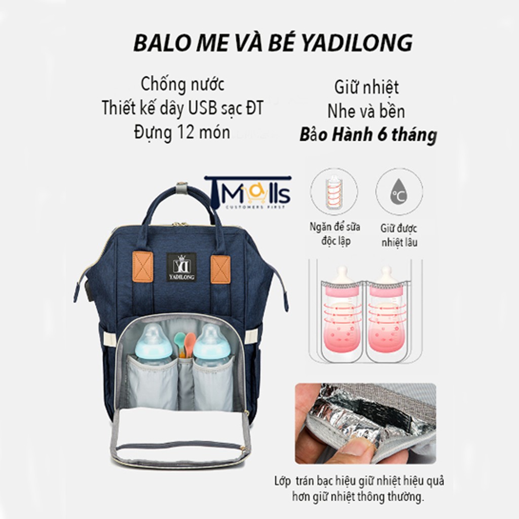 Balo Bỉm Sữa YADILONG Hàng Công Ty Cao Cấp Bảo Hành - 12 Ngăn Chuyên Dụng, Chống Thấm Nước, Có Cổng Sạc USB Tiện Lợi