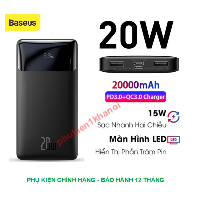 Pin dự phòng sạc nhanh 20W cho Iphone ,Samsung, Xiaomi Màn hình LED 30000mah 20000Mah Baseus PPDML-M01