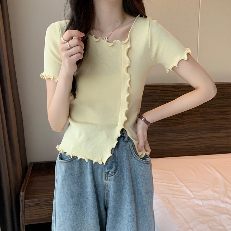 Áo thun ZHELIHANGFEI dệt kim ngắn tay xẻ tà phối bèo dễ thương cho nữ