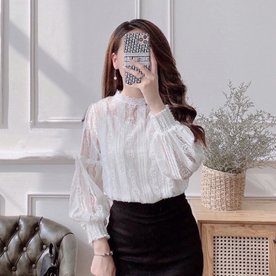 Áo sơ mi nữ ren dài tay hai lớp dáng rộng sơ mi nữ ren thiết kế cổ lọ kiểu công sở đi chơi GOROGI