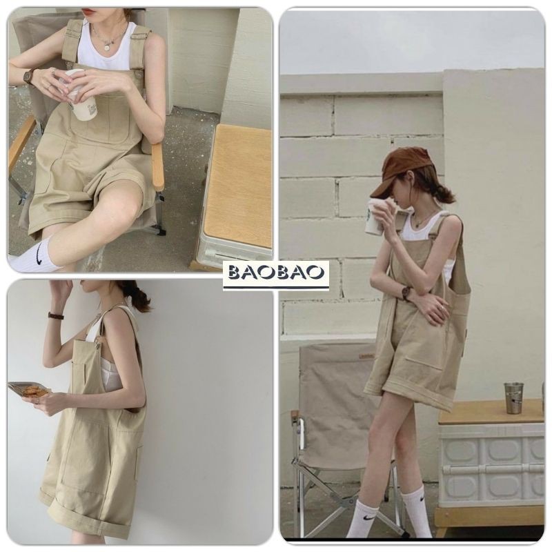 Quần Yếm Ống Rộng Chất Kaki Nữ - BaoBao.Clothing [FREESHIP] - Quần đùi suông trơn vintage màu be kiểu dáng trẻ trung