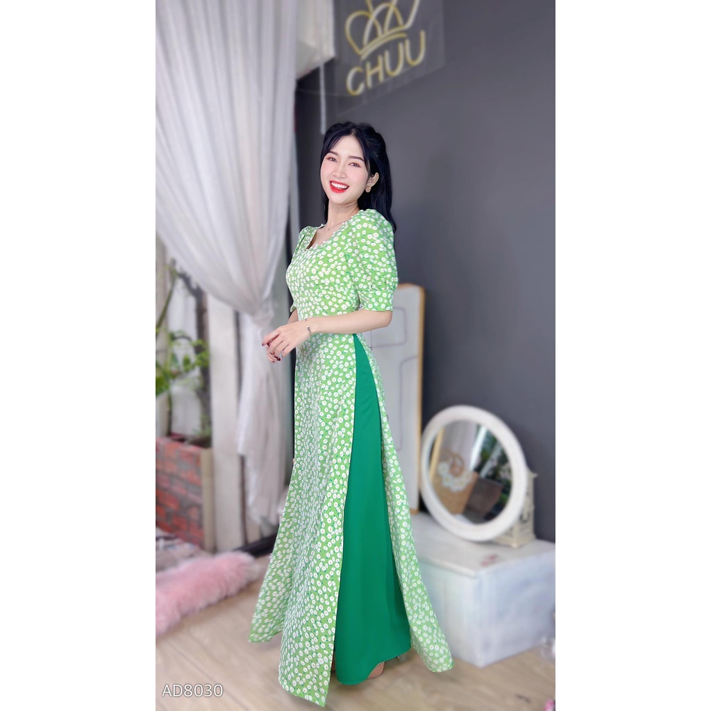 Áo dài cách tân nữ hoa nhí tay phồng cổ vuông quyến rũ không kèm quần CHUU AD8030