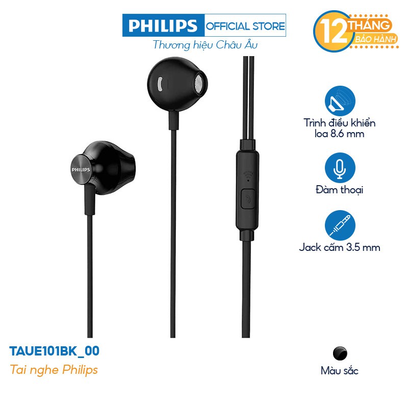 Tai nghe Philips TAUE101BK/00, màu đen, có mic, Chính hãng phân phối