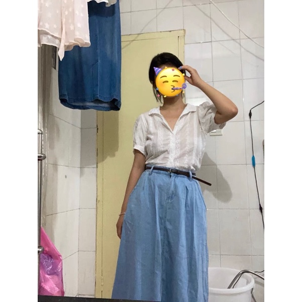 🌿 Chân váy jean cạp nút phía sau lưng chun dáng dài xòe kèm đai lưng🔥