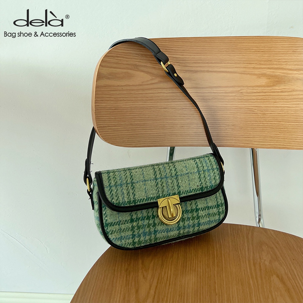 Dela Túi Đeo Chéo Bằng Len Họa Tiết Kẻ Ô Màu Xanh Lá Thời Trang Mới Cho Nữ