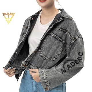 Áo khoác jean nữ xẻ sau TH Store màu bò phối chữ Theo chống nắng ulzzang