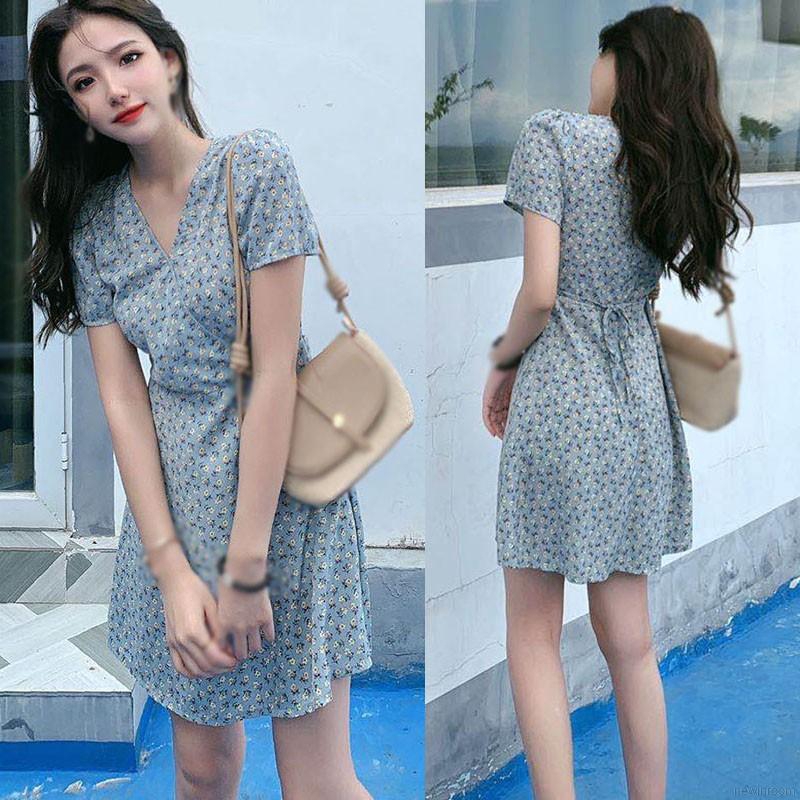 Đầm Tay Ngắn Cổ Chữ V Họa Tiết Hoa Xinh Xắn Phong Cách Hàn Quốc | BigBuy360 - bigbuy360.vn