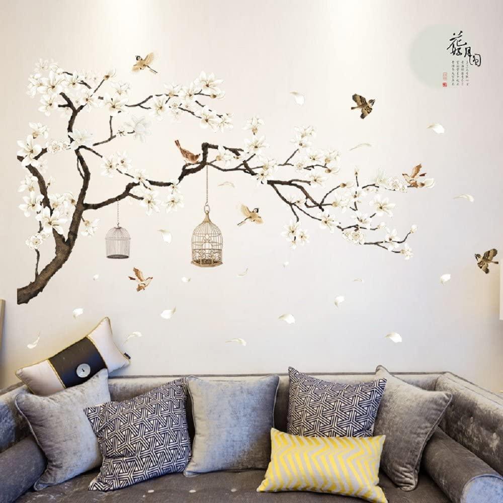 MIQUEL Đề Can Dán Tường Toàn Diện Họa Tiết Hoa Trắng Phong Cách Trung Hoa Trang Trí Nhà Cửa DIY
