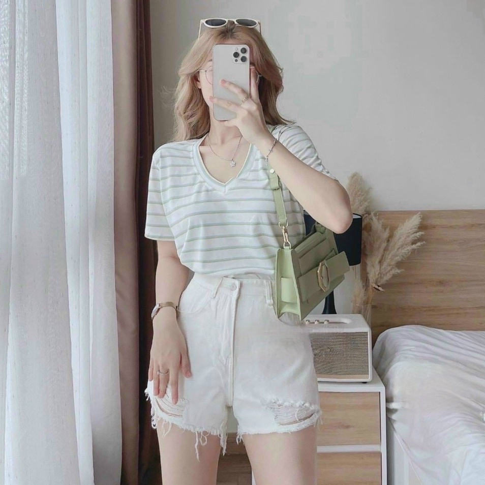 Quần short jean trắng rách quần đùi jean lưng cao