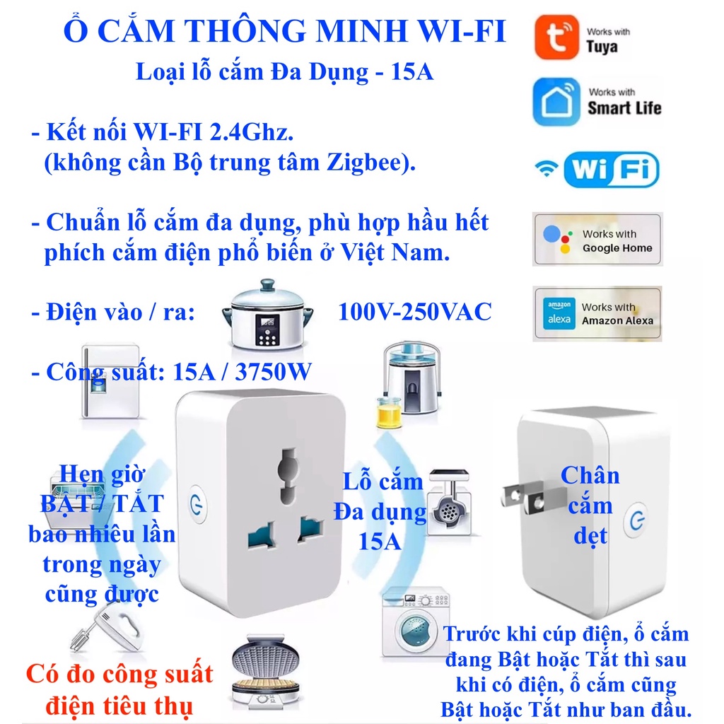 Ổ cắm Thông minh Wifi, Hẹn giờ Bật Tắt, Đo Công suất tiêu thụ 10A / 16A, Hệ Tuya / Smart Life -