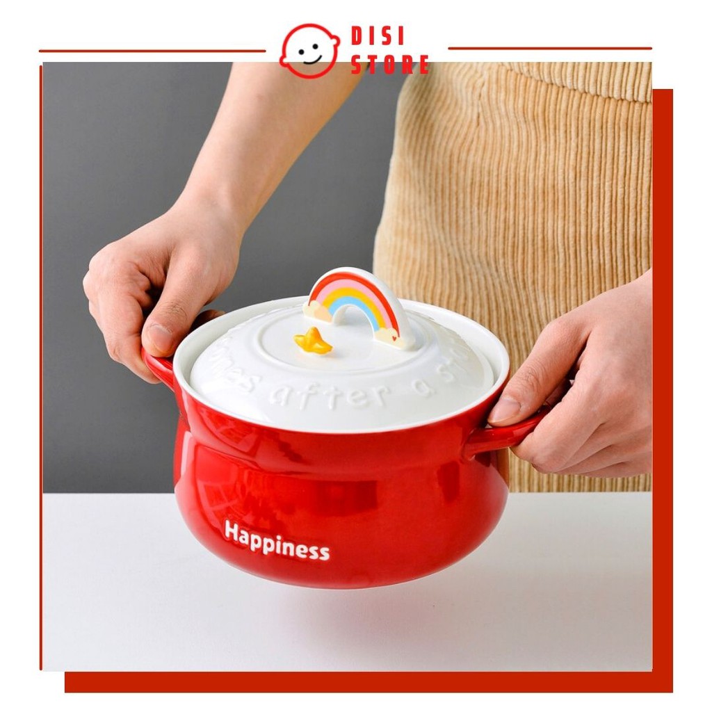 [850ml] Nồi Sứ Nấu Mì Ăn Liền Gốm Sứ Cầu Vồng Happiness Có Giá Đỡ Điện Thoại Di Động - DISI