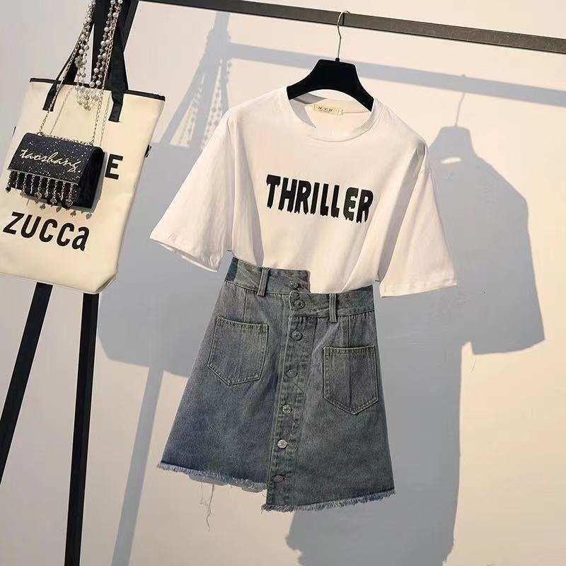 Set Áo Thun Tay Ngắn + Chân Váy Denim Thiết Kế Mới Thời Trang Mùa Hè Dành Cho Nữ Size Lớn 2022