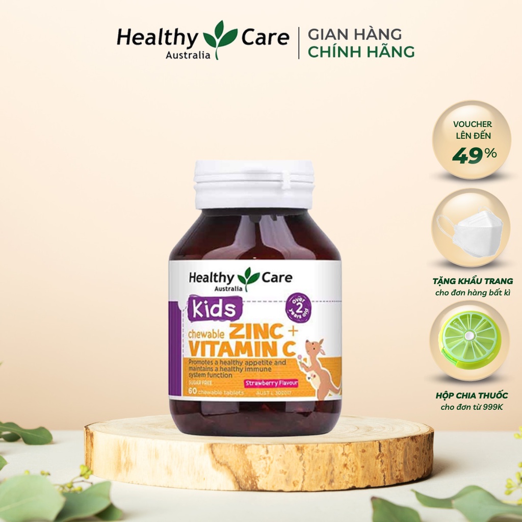 Viên Nhai Bố Sung Kẽm Healthy Care Zinc Vitamin C 60 viên Hồi Phục Sức Khỏe, Tắng Sức Đề Kháng Cho Bé