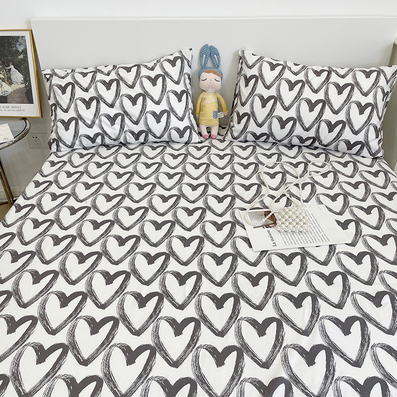 Bộ ga gối ETAMI drap giường cotton poly 5D tim đen, ga trải giường tim đen + 2 vỏ gối nằm
