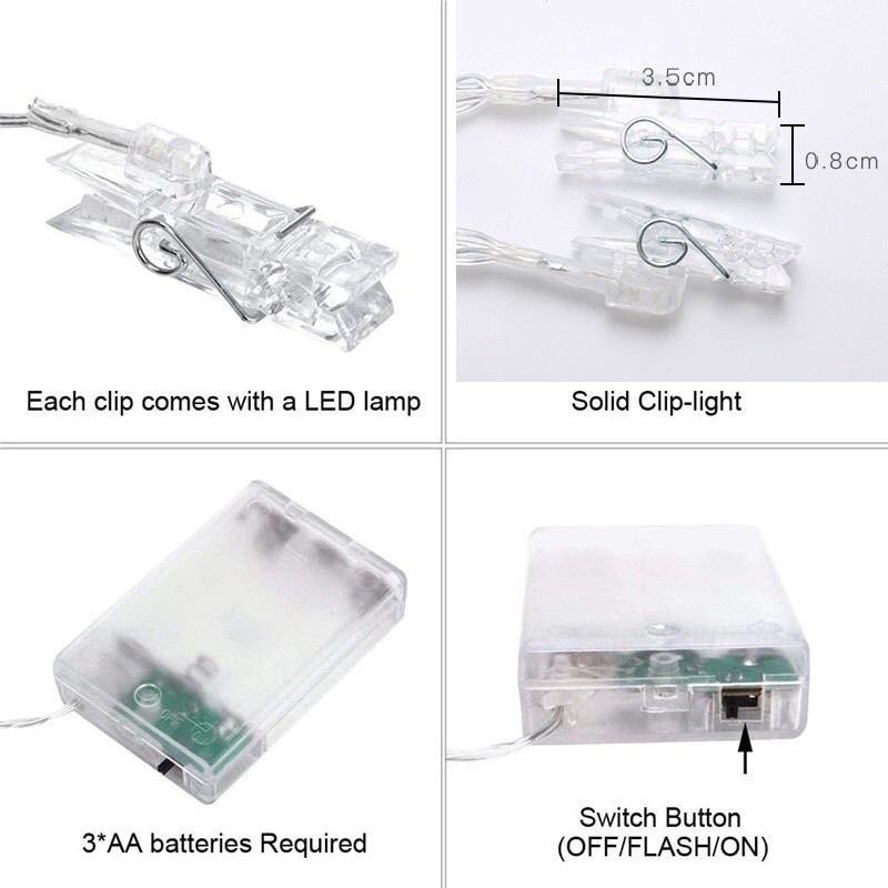Dây kẹp ảnh đèn led 20 kẹp dài 3m trang trí nội thất, phòng, sinh nhật