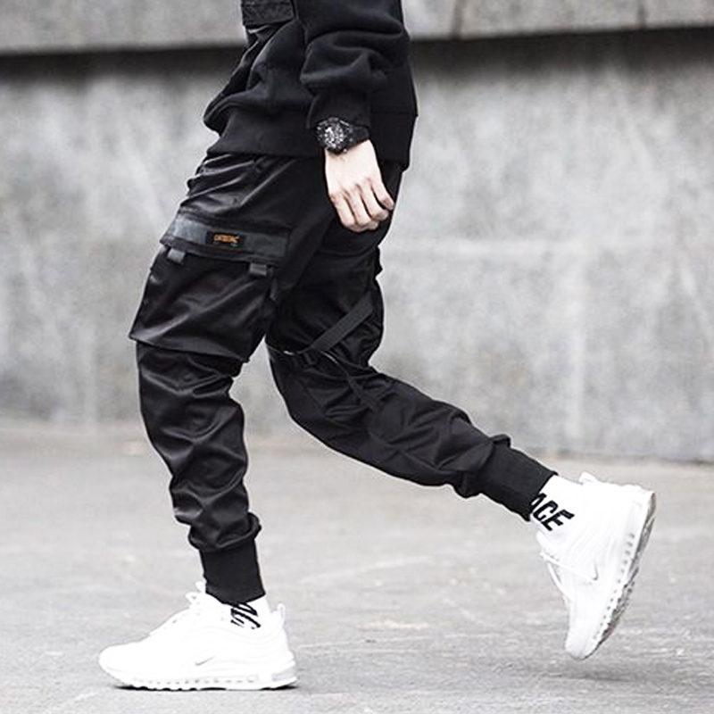 Quần Jogger Dài 6 Túi Màu Đen Dáng Ôm Lưng Thun Phối Dây Rút Phong Cách Hip Hop Đường Phố Cho Nam
