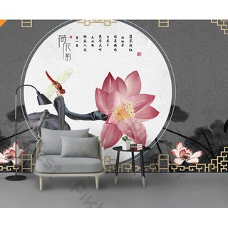 Tranh dán tường Hoa sen thủy mặc tỉ mỉ ngọt ngào, tranh dán tường 3d hiện đại (tích hợp sẵn keo) MS1047862