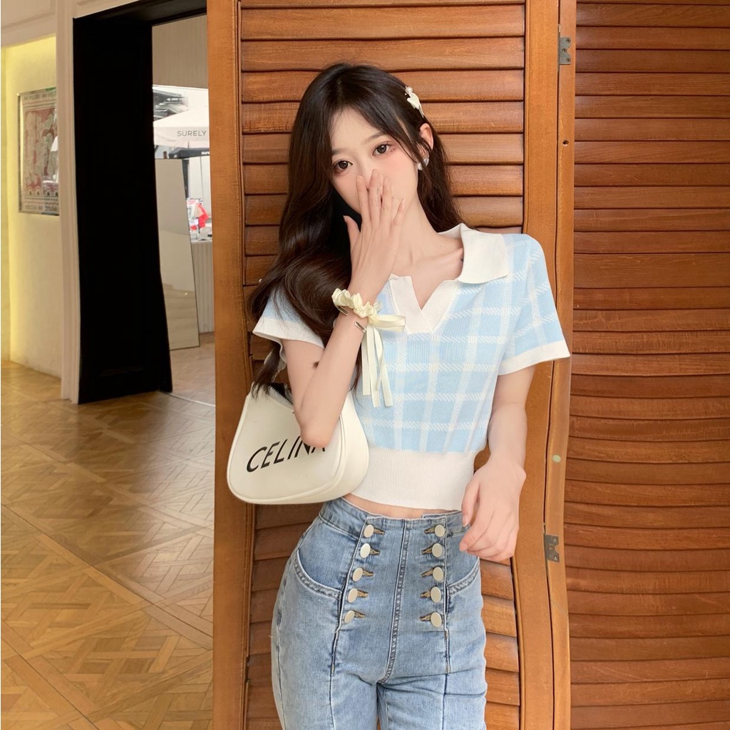 Áo thun polo ZHELIHANGFEI vải dệt kim ngắn tay lưng cao gợi cảm