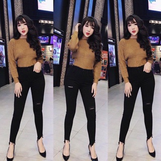 Quần Skinny nữ màu đen rách đùi lưng cao co giãn, quần bò nữ BIGSIZE rách gối
