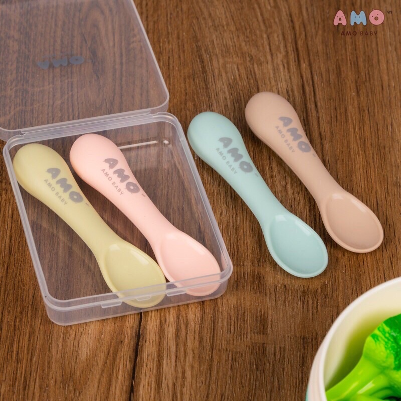 Set 2 Thìa Silicone AMO Kèm Hộp Cao Cấp Cho Bé
