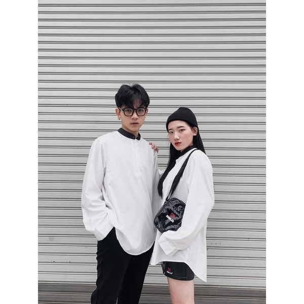 Áo sơ mi unisex Zune.zx cổ trụ form rộng đen trắng, Kido shirt