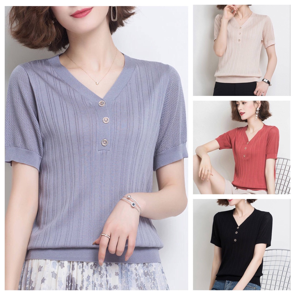 Áo Thun Tay Ngắn Cổ Chữ V Dáng Rộng Màu Sắc Thời Trang Cho Nữ Trung Niên