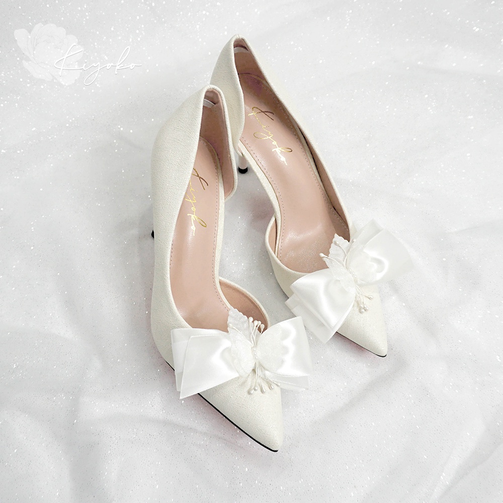 Giày cưới Kiyoko hở eo đính nơ satin 2 tầng cao 9cm