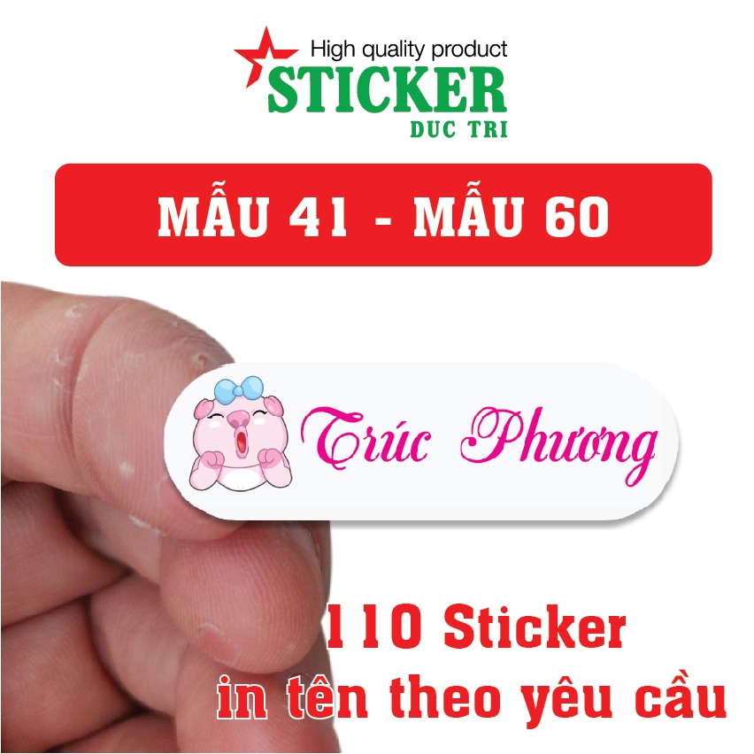 110 Sticker Miếng Dán Tem Tên Bé in theo yêu cầu  (Decal nhựa chống nước). M40-M60