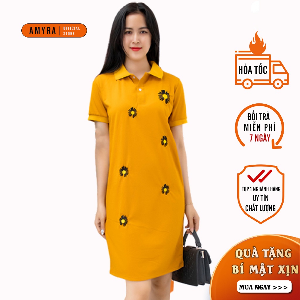 Đầm thun mặc nhà AMYRA dáng suông Polo thể thao chất THUN cotton 4 ngắn tay cổ áo sơ mi Bigsize DA041