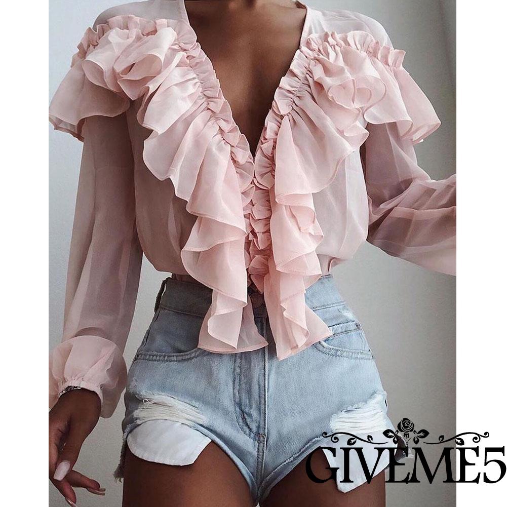 Áo kiểu tay dài cổ chữ V nhún bèo bằng chiffon màu trơn cho nữ
