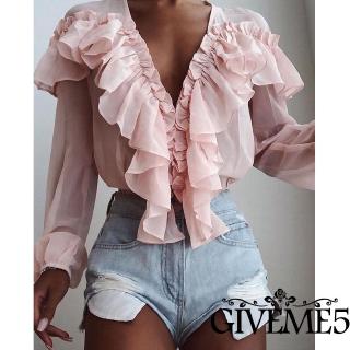 Áo kiểu tay dài cổ chữ V nhún bèo bằng chiffon màu trơn cho nữ