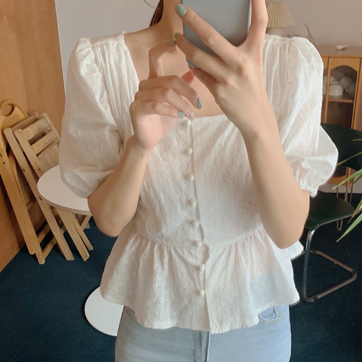 Áo Sơ Mi Cotton Cổ Vuông Tay Lỡ Thêu Họa Tiết Hoa Nhỏ Xinh Xắn Phong Cách Hàn Quốc Thời Trang Cho Nữ 34616