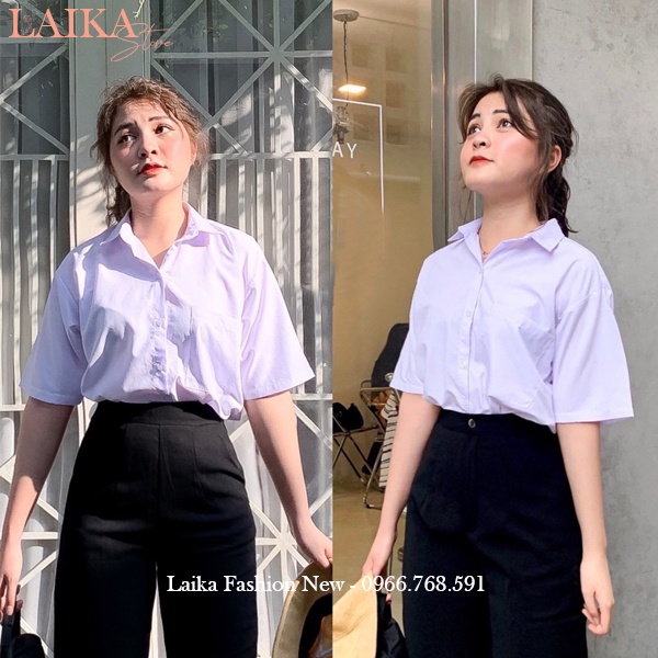 Áo sơ mi trắng đi học form rộng tay lỡ có túi cổ bẻ V kiểu áo sơ mi học sinh rộng tay ngắn màu trắng xanh đi học vải mát