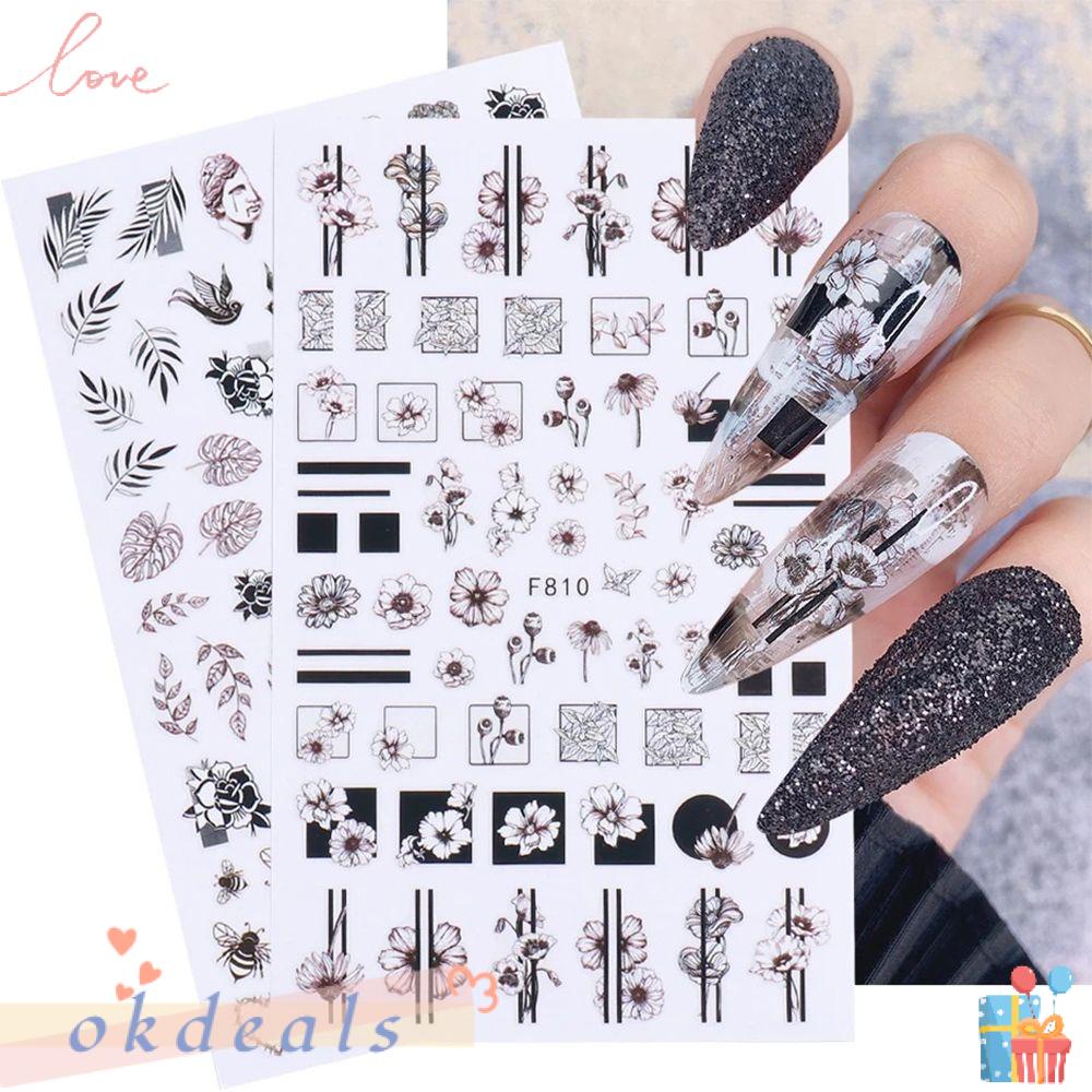 ღOKDEALSღ Decoration 3D Gothic Geometry Black White Flowers Nail Stickers Sliders Wraps Decal Leaves Floral DIY Manicure Hollow