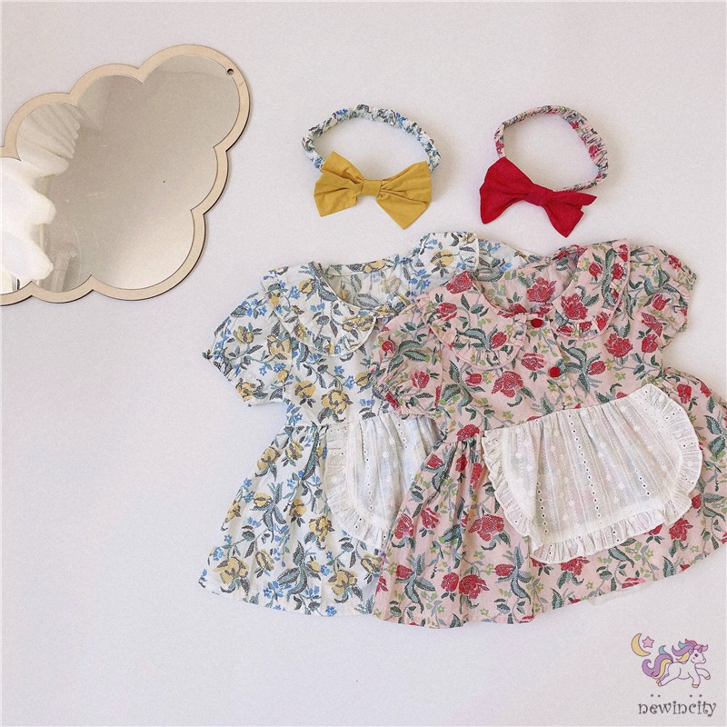 Đầm Tay Ngắn In Hoa Kèm Băng Đô Phong Cách Hàn Quốc Cho Bé Gái