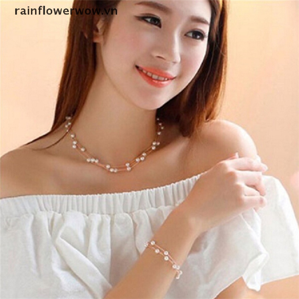 Set Dây Chuyền + Bông Tai + Bông Tai Nhiều Lớp Đính Ngọc Trai Thời Trang
