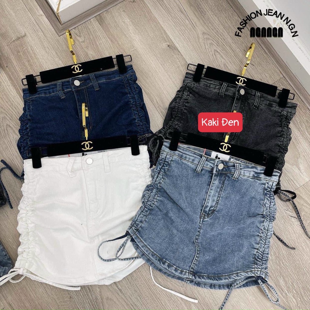 Chân váy jean nữ trơn lưng cao rút dây 2 bên hông sexy ly