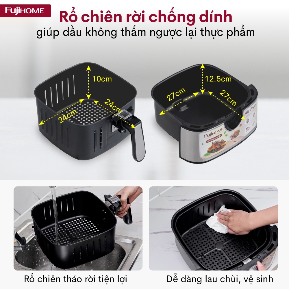 Nồi chiên không dầu 8L điện tử Fujihome Nhật Bản Nhập Khẩu, chống dính cao cấp, tự ngắt an toàn