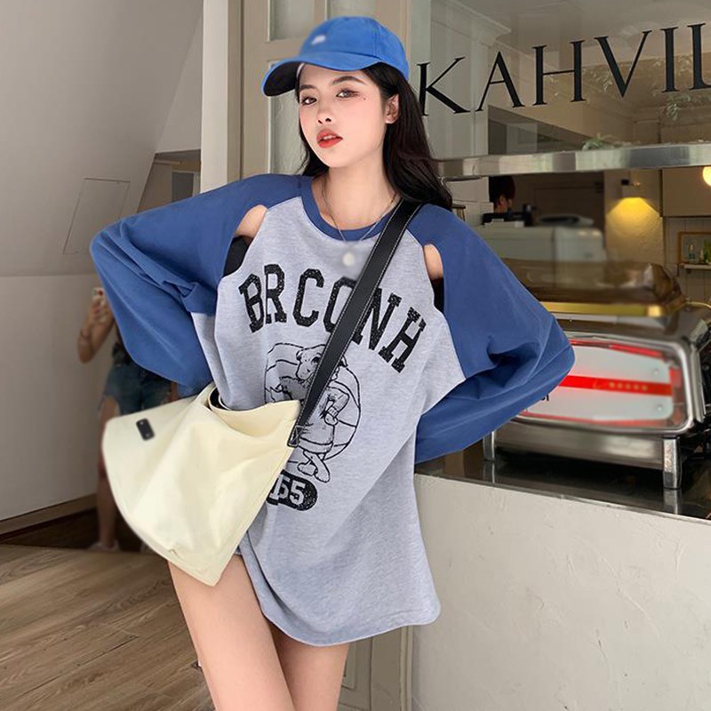Áo Thun Nữ Dài Tay Cổ Tròn Dáng Rộng In Họa Tiết Phong Cách Hàn Quốc