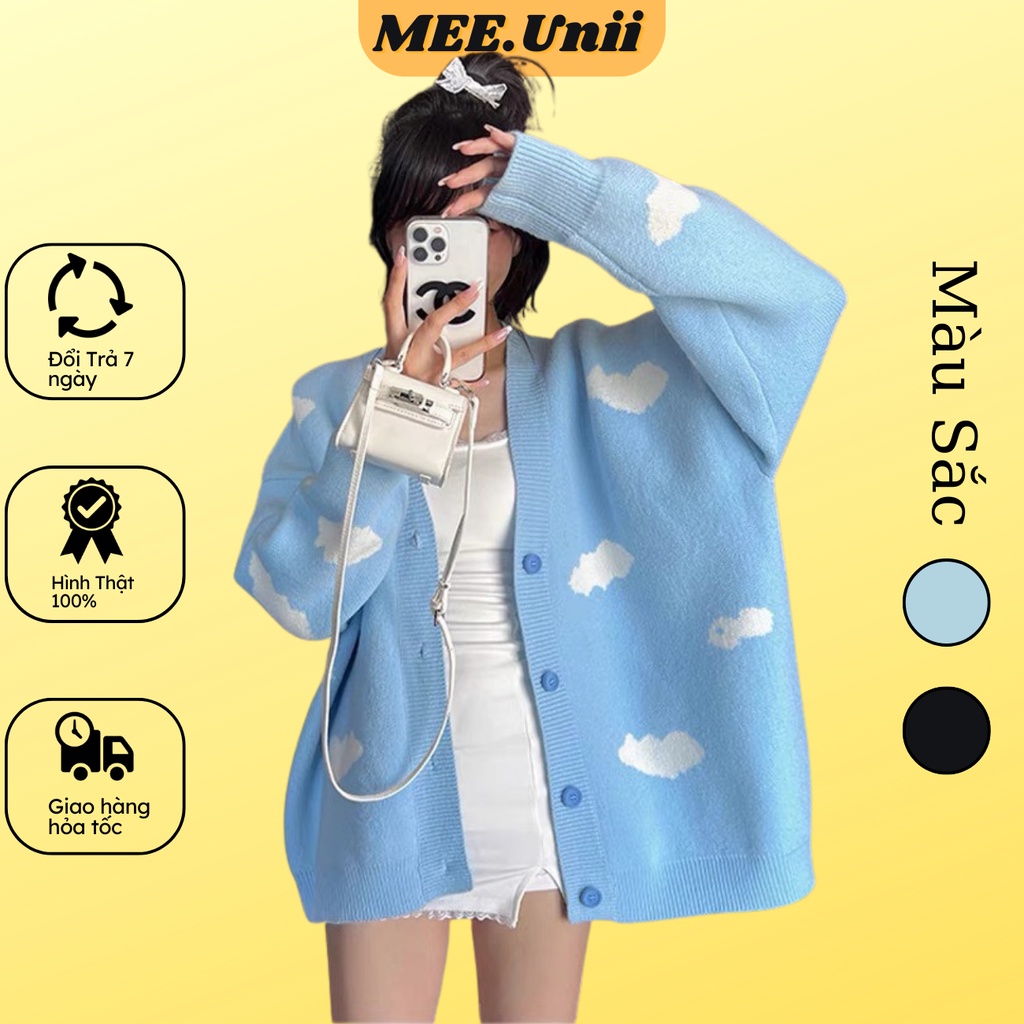 Áo len cardigan len MEE.Unii dài tay họa tiết đám mây, Áo khoác len cardigan mây dáng rộng màu xanh đen