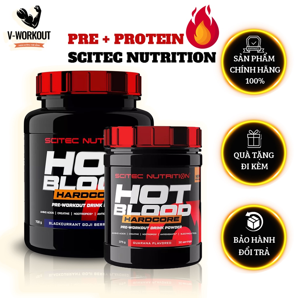 Pre-Workout | HOT BLOOD HARDCORE SCITEC| Hỗ trợ tập luyện, tăng sức mạnh, sức bền, sự tập trung, tập không kiệt sức.