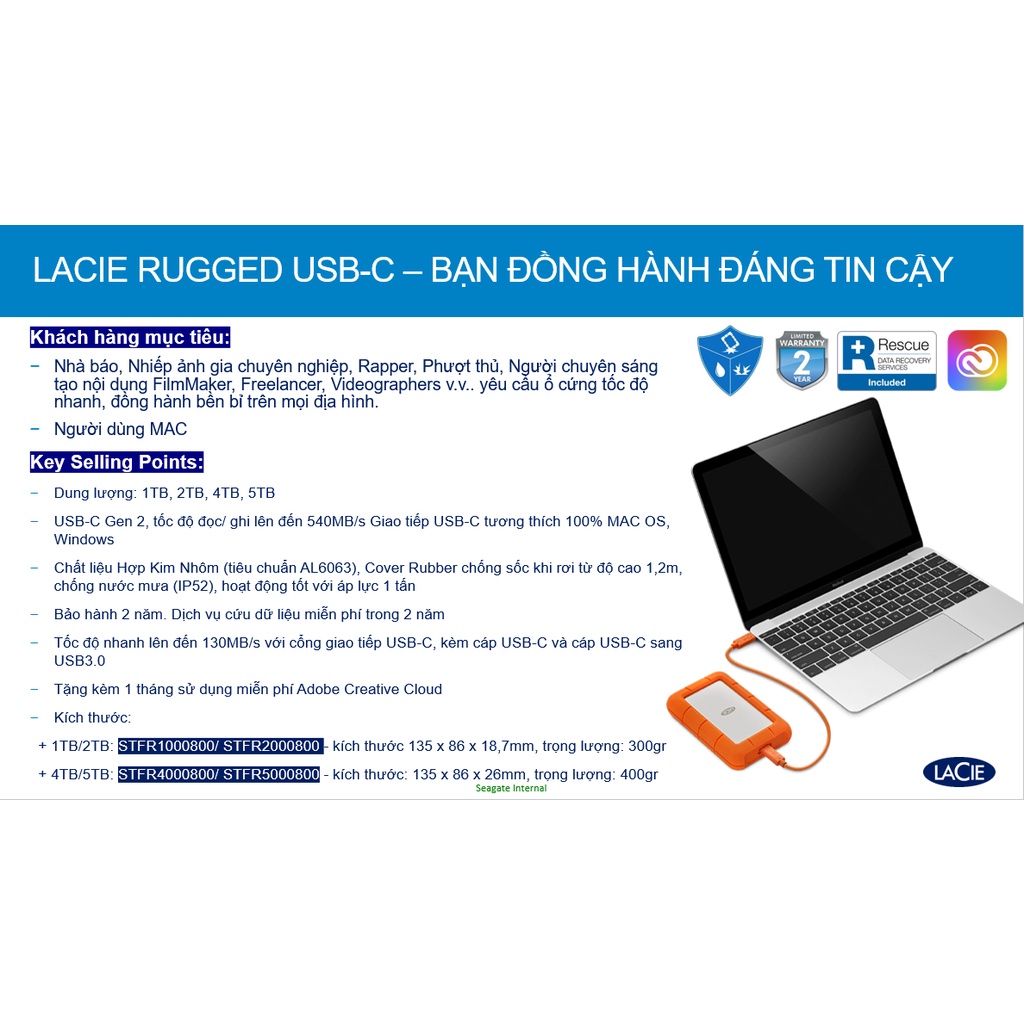 Ổ cứng di động HDD LaCie Rugged USB-C 1TB-2TB-4TB-5TB + Phục hổi Dữ liệu Rescue