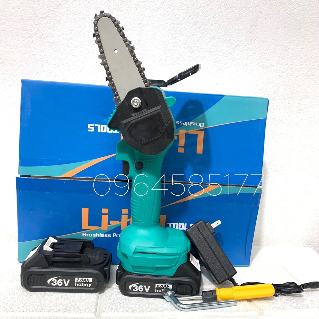 Máy cưa xích mini chạy pin 36vf 2 pin 1 sạc lam dài 10cm