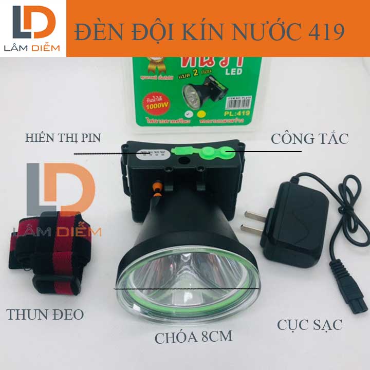 Đèn pin đeo đầu pin sạc hiển thị phần trăm pin siêu sáng kín nước 419-979